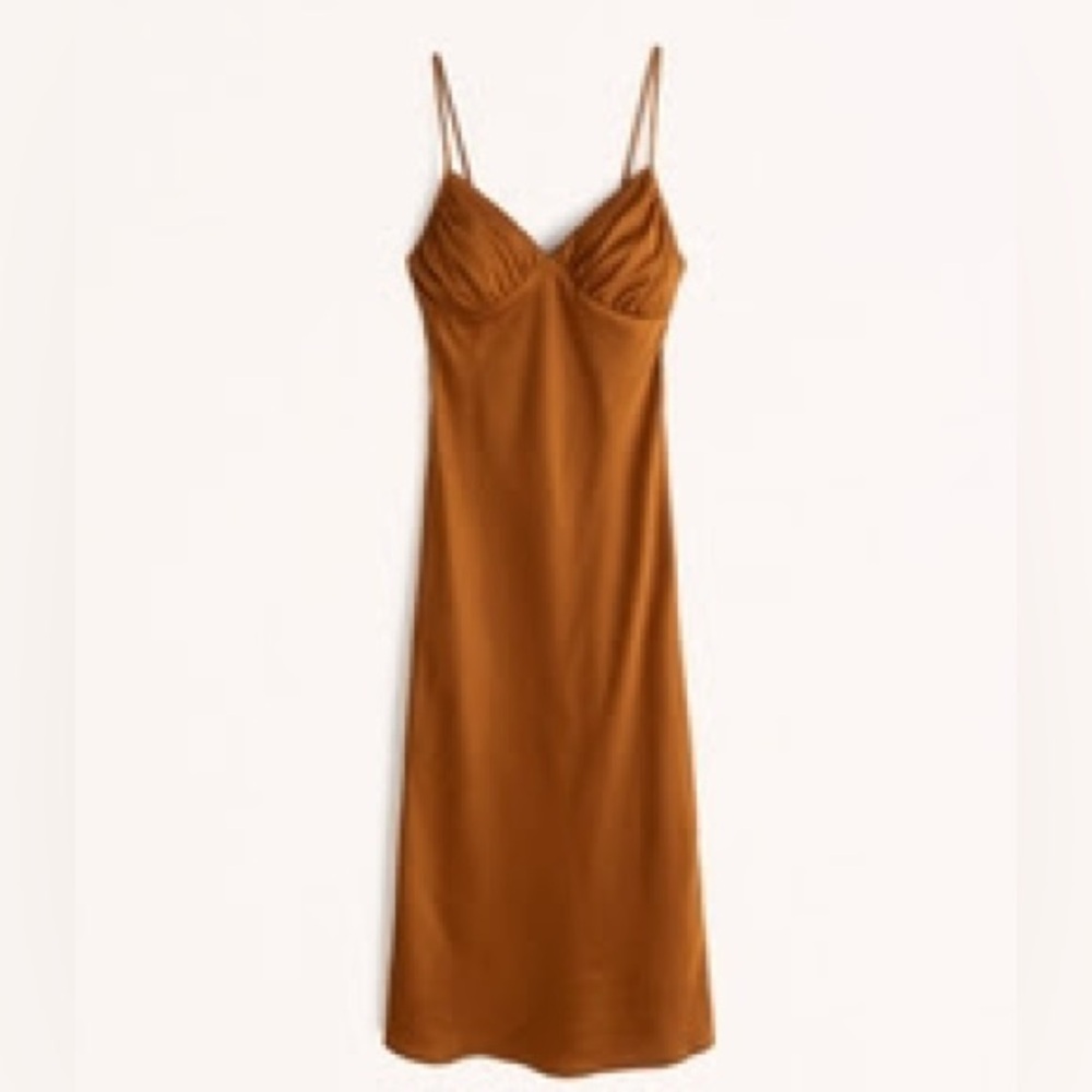Abercrombie Women’s Ruched Satin Slip Midi Dress - Brown - Size M
